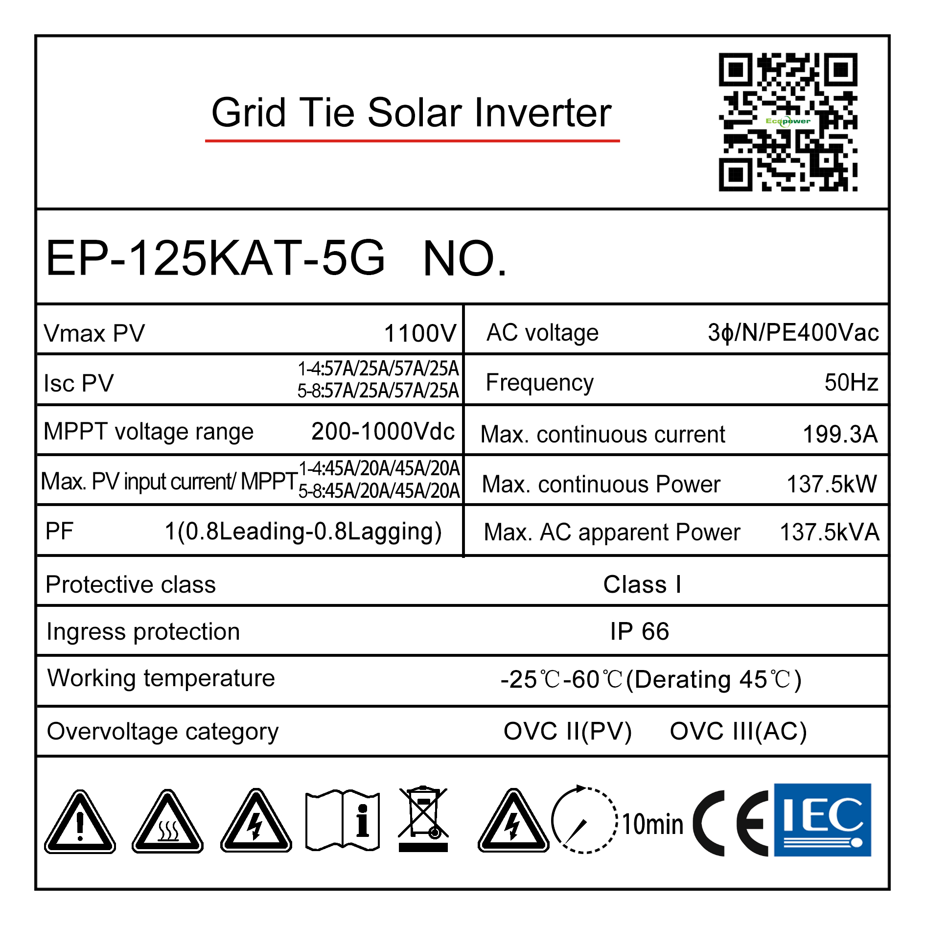 Tem thông số kỹ thuật inverter Ecopower EP-125KAT-5G