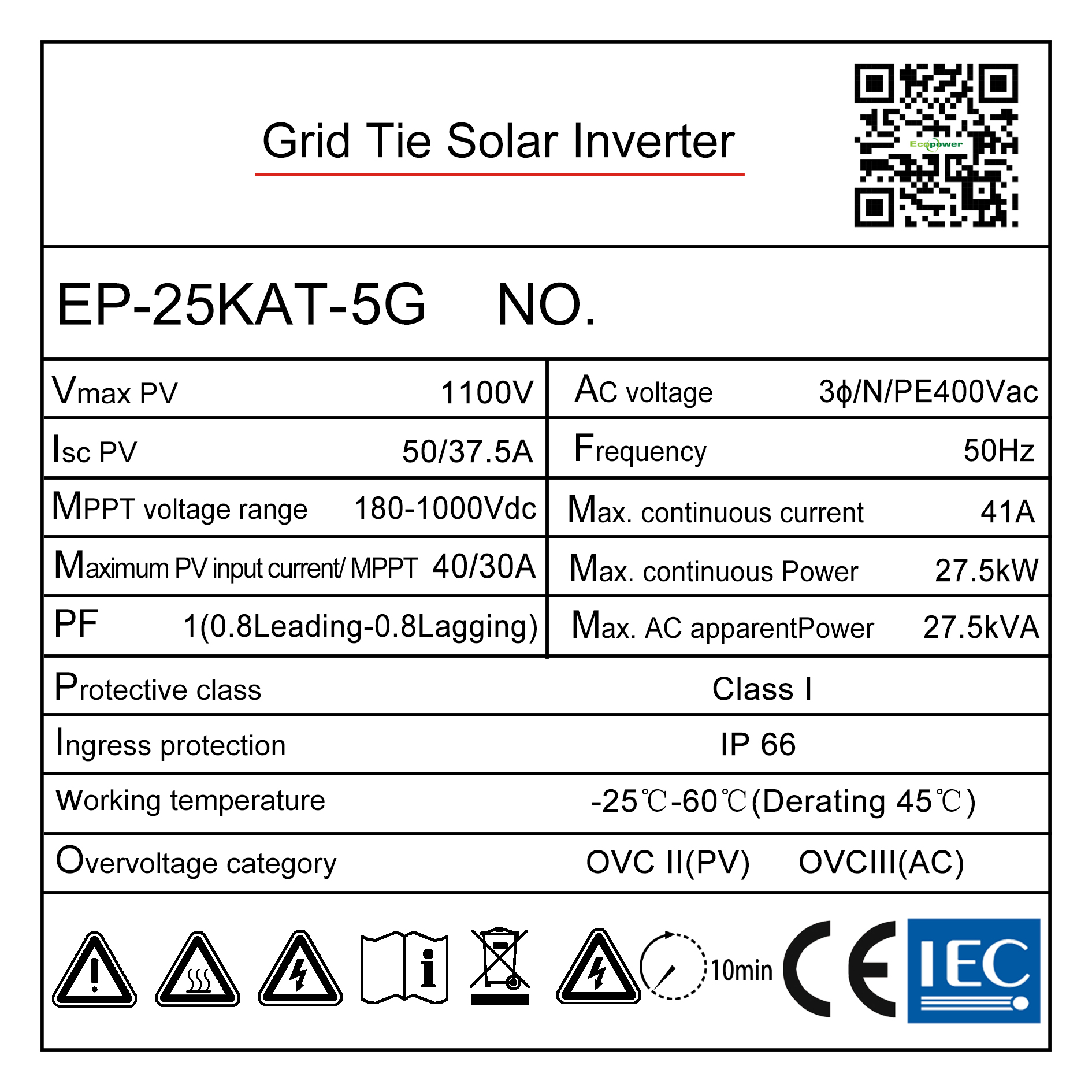 Tem thông số kỹ thuật inverter Ecopower EP-25KAT-5G