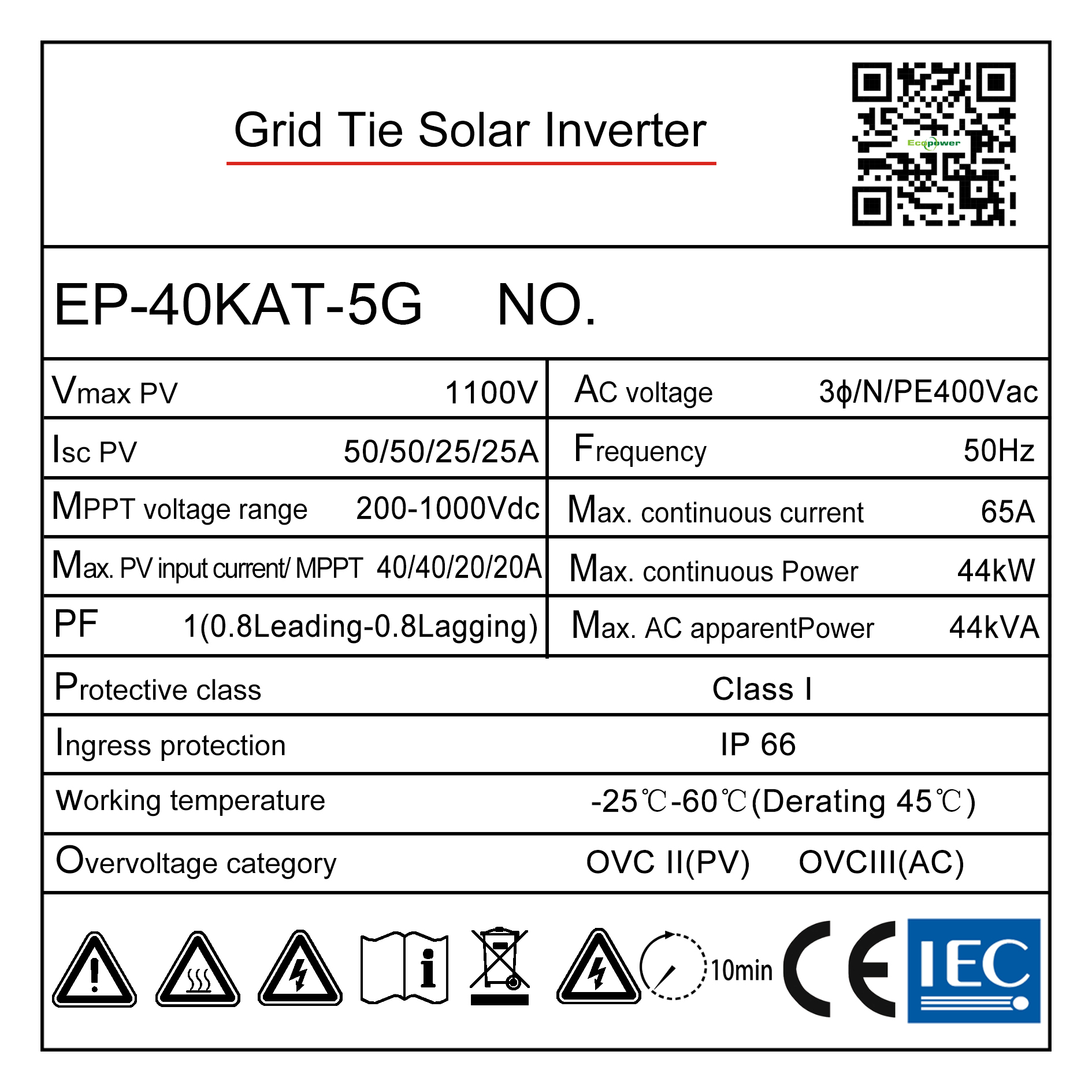 Tem thông số kỹ thuật inverter Ecopower EP-40KAT-5G