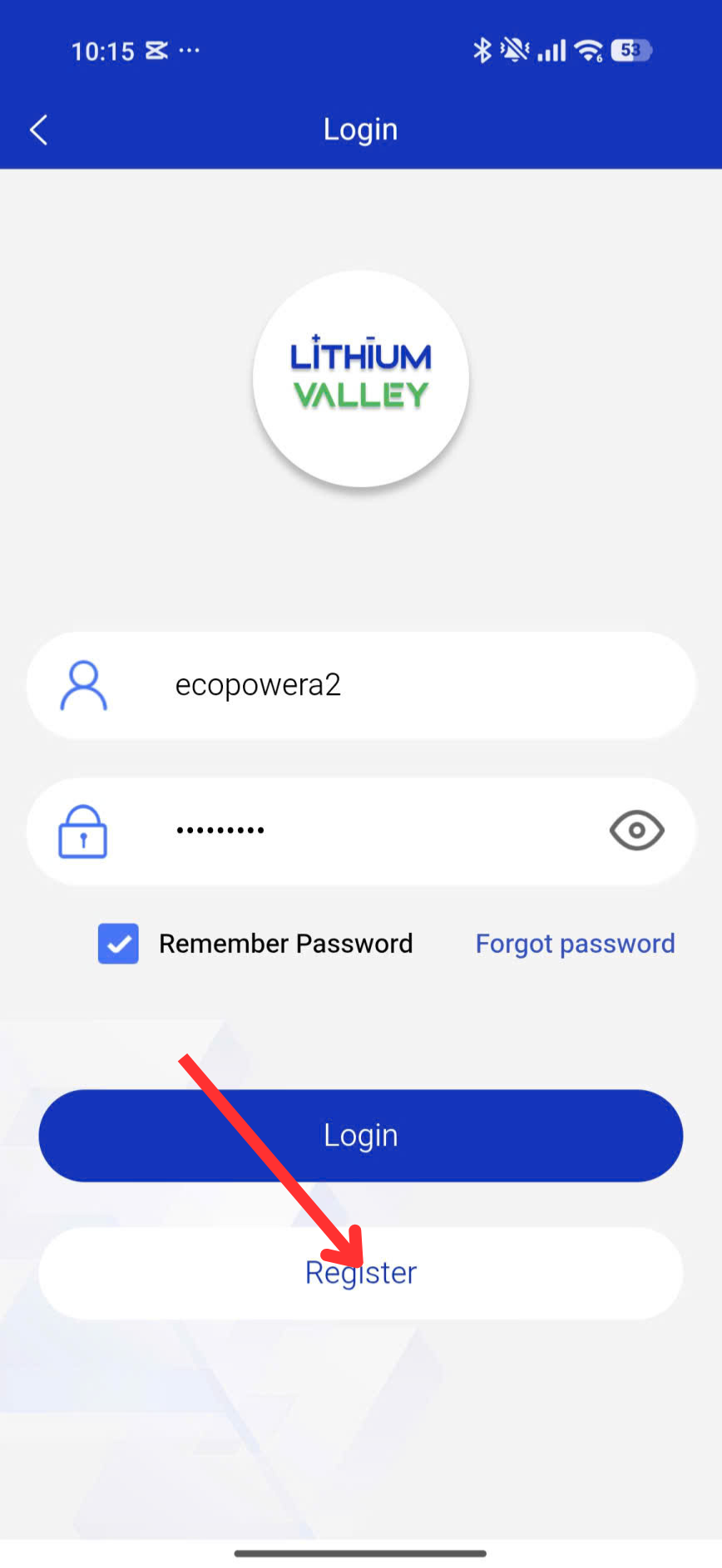 Đăng nhập tài khoản ứng dụng quản lý pin Ecopower